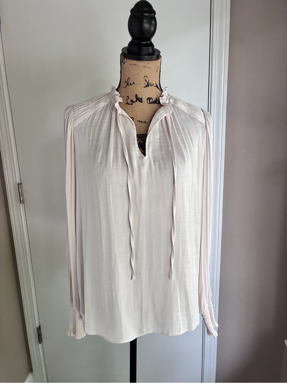 Cream Tie-Neck Long Sleeve Peasant Blouse